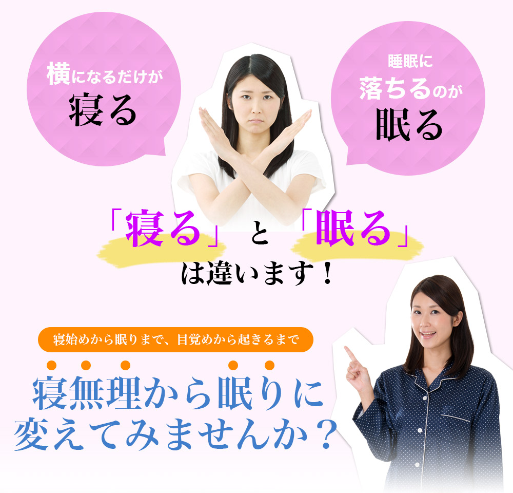 横になるだけが寝る、睡眠に落ちるのが眠る。「寝る」と「眠る」は違います！寝始めから眠りまで、目覚めから起きるまで寝無理から眠りに変えてみませんか？