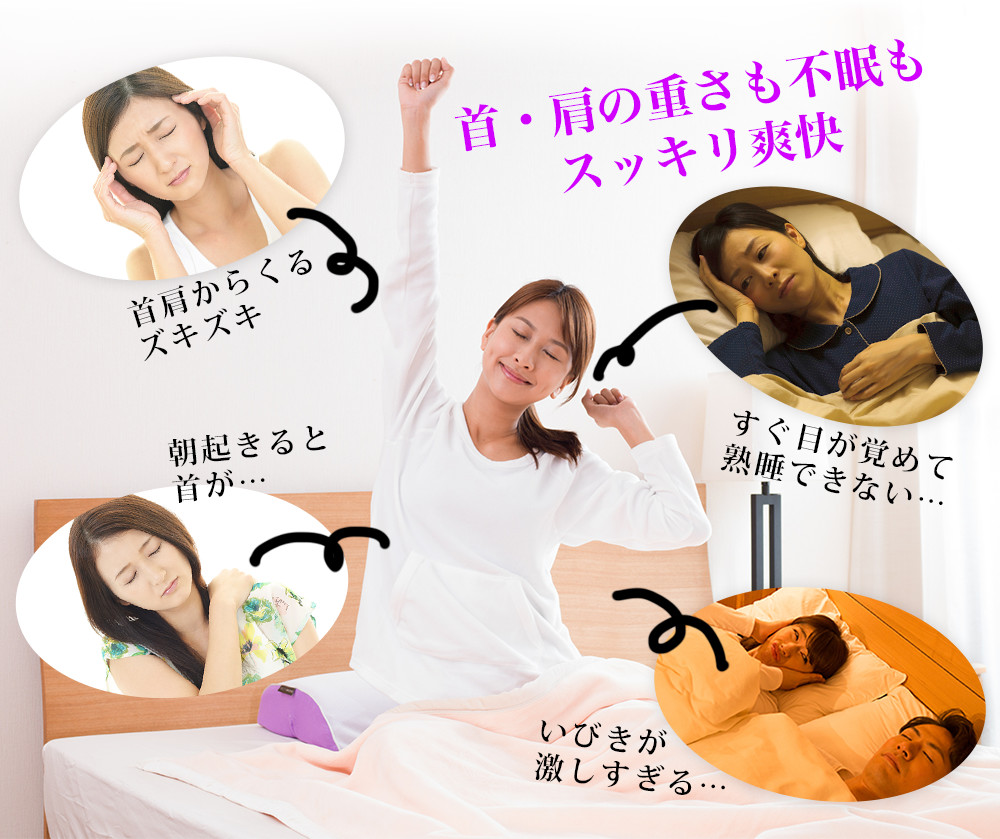 首・肩の重さも不眠もスッキリ爽快首肩からくるズキズキ朝起きると首が痛い…すぐ目が覚めて熟睡できない…いびきが激しすぎる…